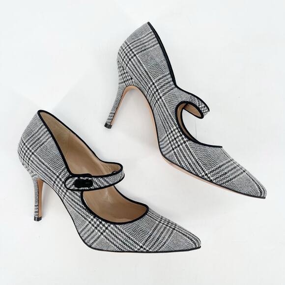 Manolo Blahnik Campari Houndstooth Wool Black Trim Mary Jane Heels Pumps IT 37.5 - Picture 3 of 11